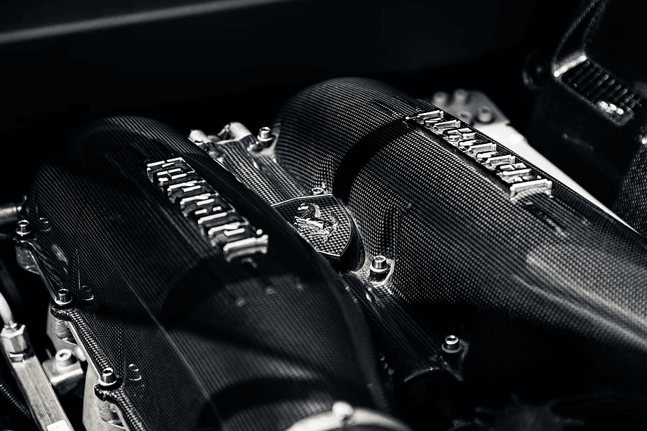Exotic engine bay with carbon fiber intake components