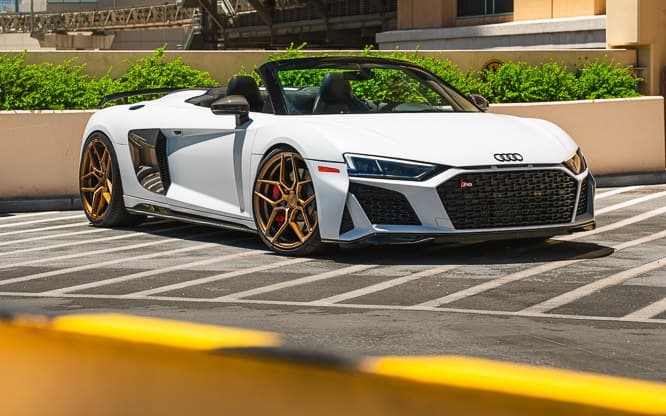 White Audi R8 Spyder parked in downtown Las Vegas