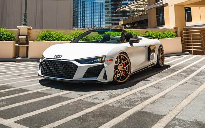 White Audi R8 Spyder parked in downtown Las Vegas