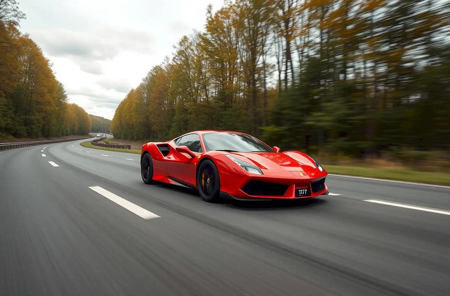 Red Ferrari driving on a tree-lined road
