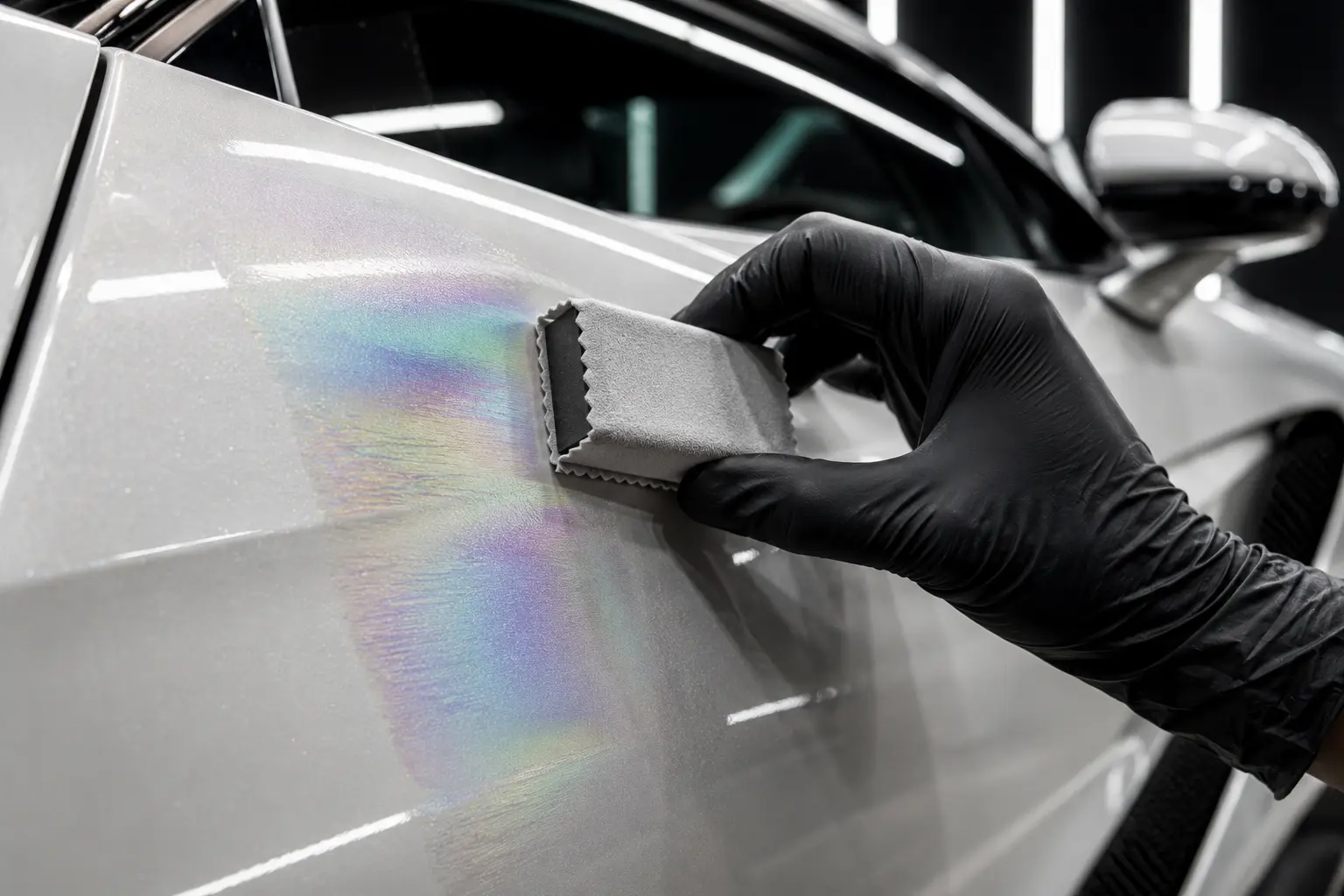 Close-up of a gloved hand applying ceramic coating to a car door with a suede applicator block, the coating flashing in rainbow colors before leveling