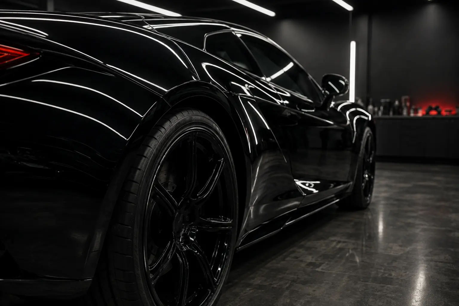 Rear fender of a gloss black supercar after paint correction, with studio light bars reflected as sharp lines in flawless paint