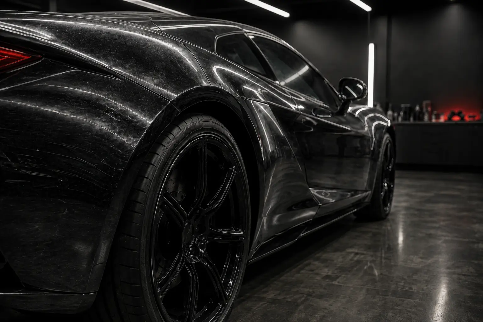 The same fender before correction, with swirl marks and haze visible around the reflected light bars