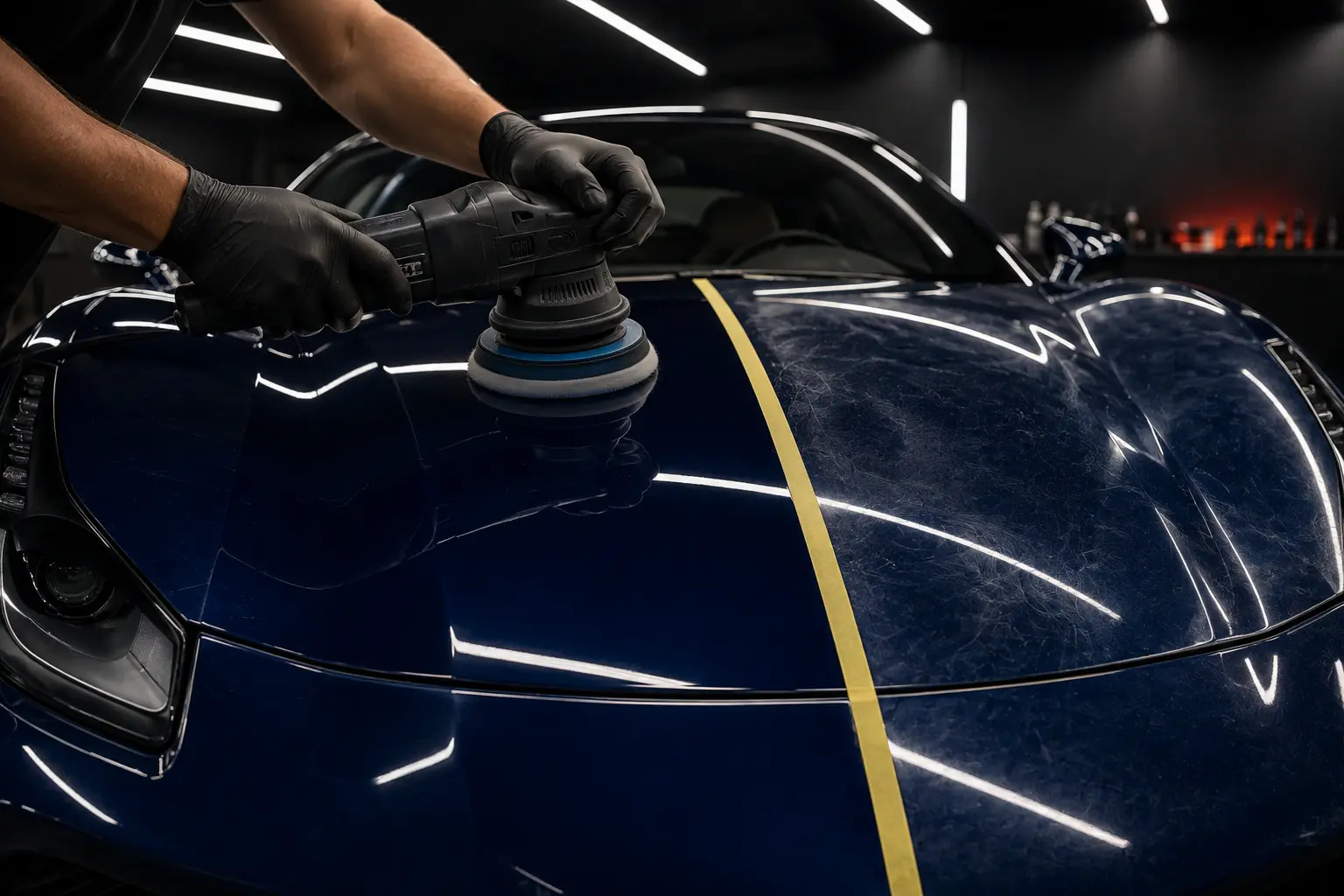 Technician machine polishing the hood of a dark supercar under studio light bars, with a tape line splitting corrected and uncorrected paint