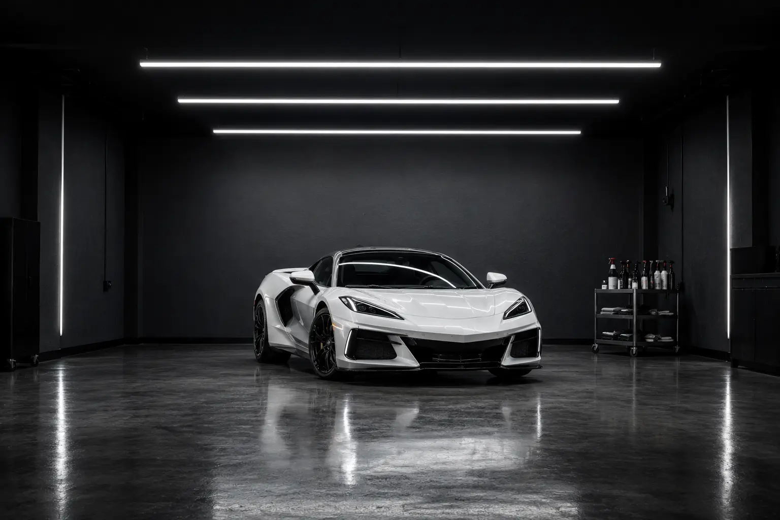 Wide view of a detailing bay with a white supercar centered under long LED light bars