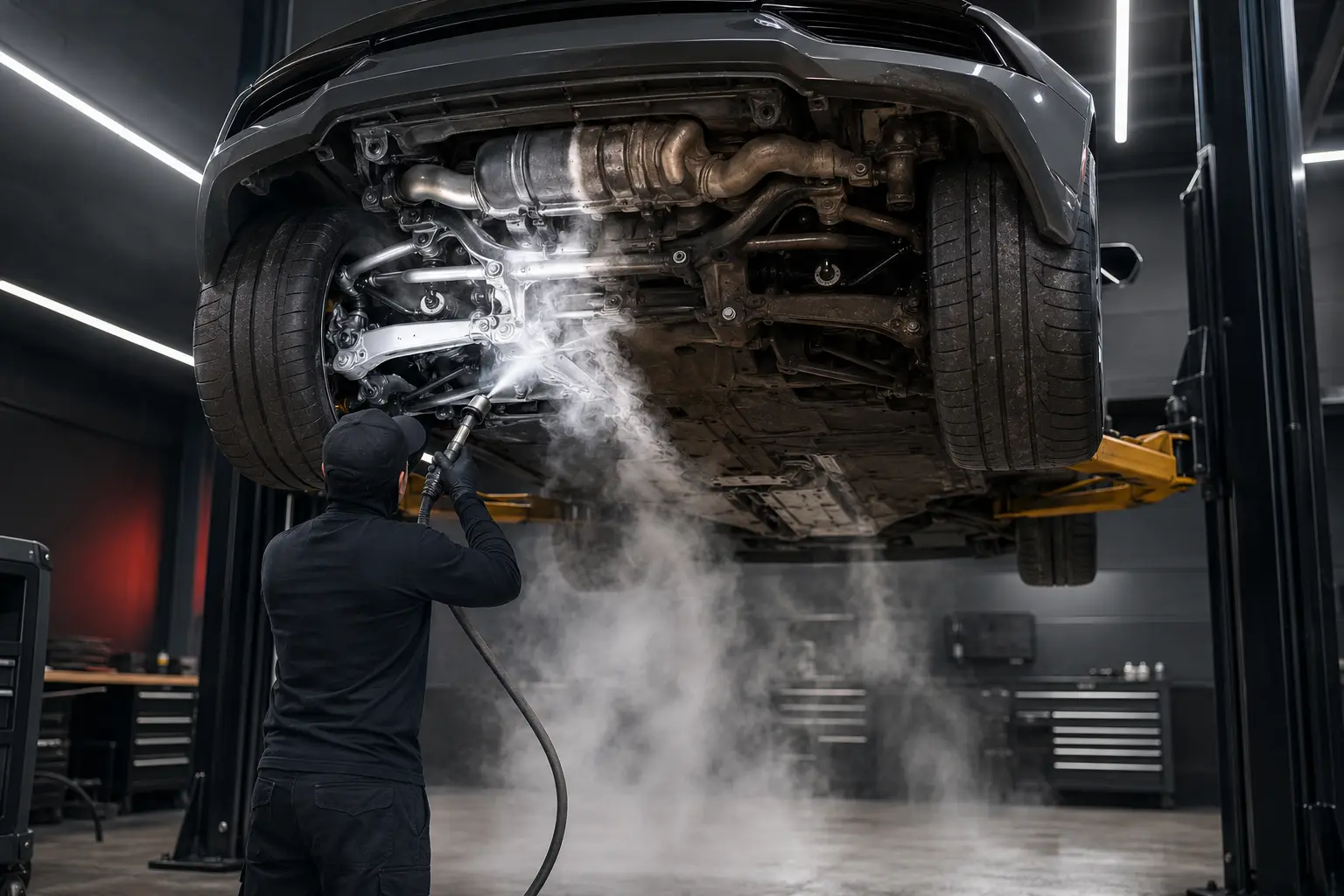 Technician dry ice blasting the underbody of a supercar on a lift, CO2 vapor rolling off freshly cleaned metal