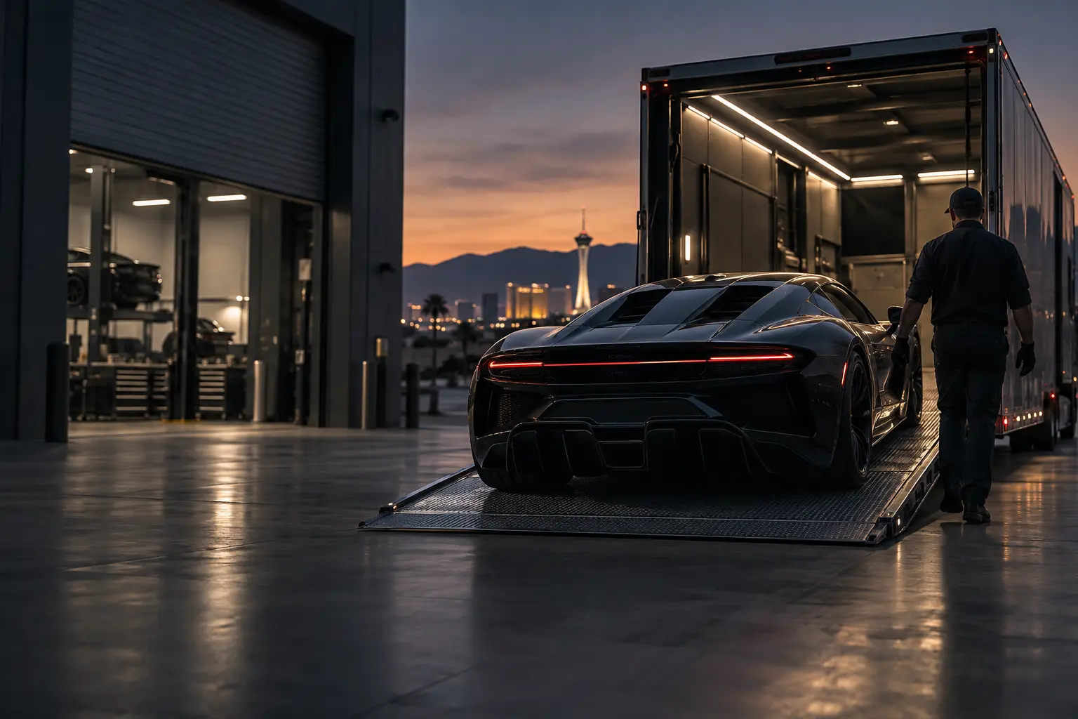 Exotic car being guided up the liftgate ramp of an enclosed transport trailer outside the Formula Dynamics workshop