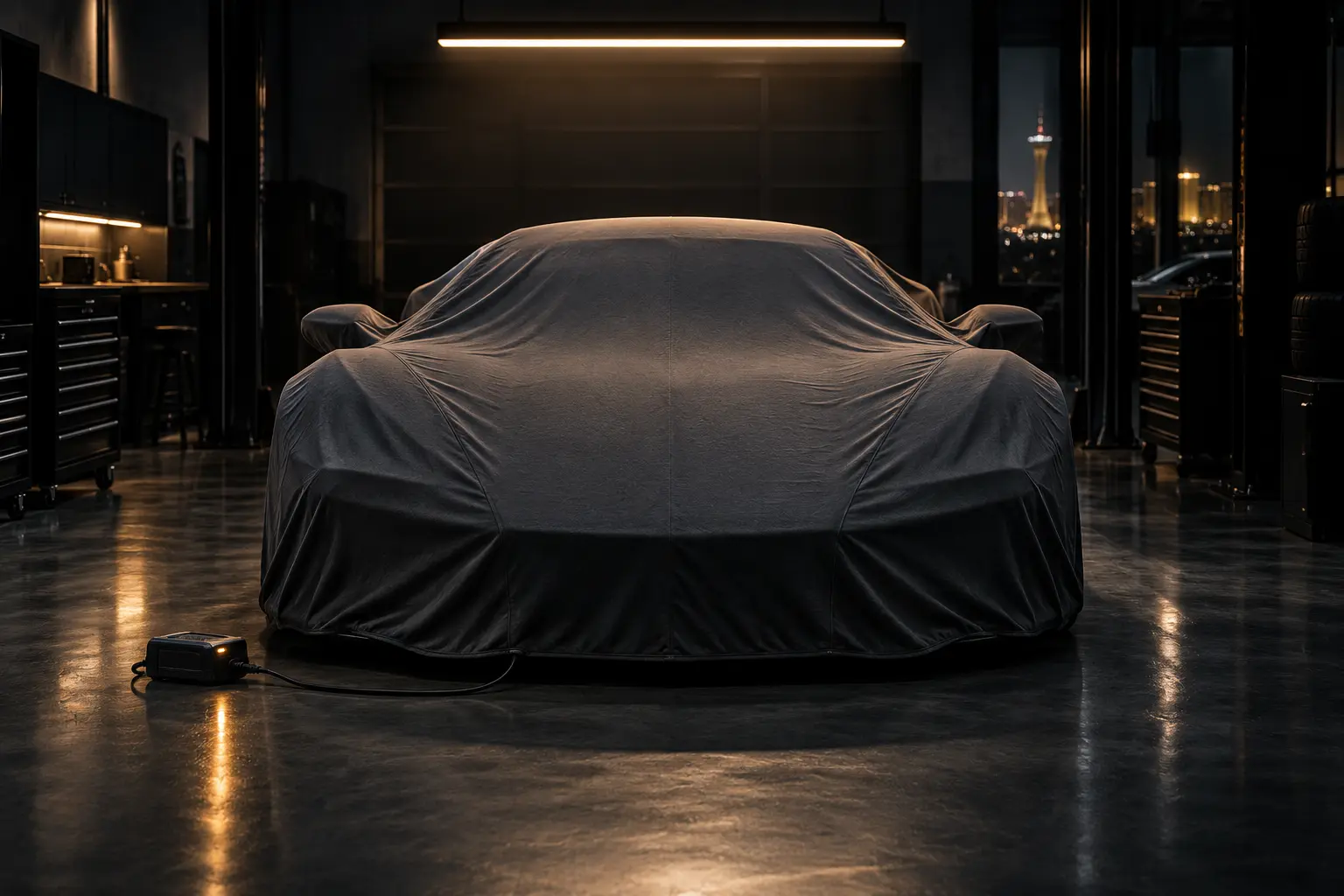 Exotic car under a soft indoor cover with a battery tender connected, parked inside a clean workshop bay