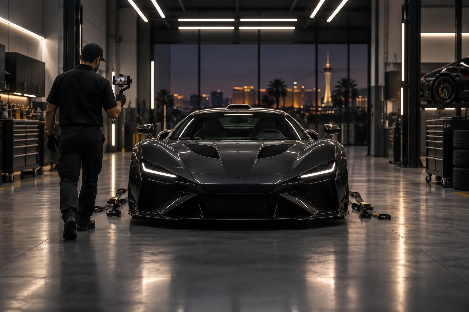 Technician recording a walkaround video of a freshly delivered exotic car before it is unloaded